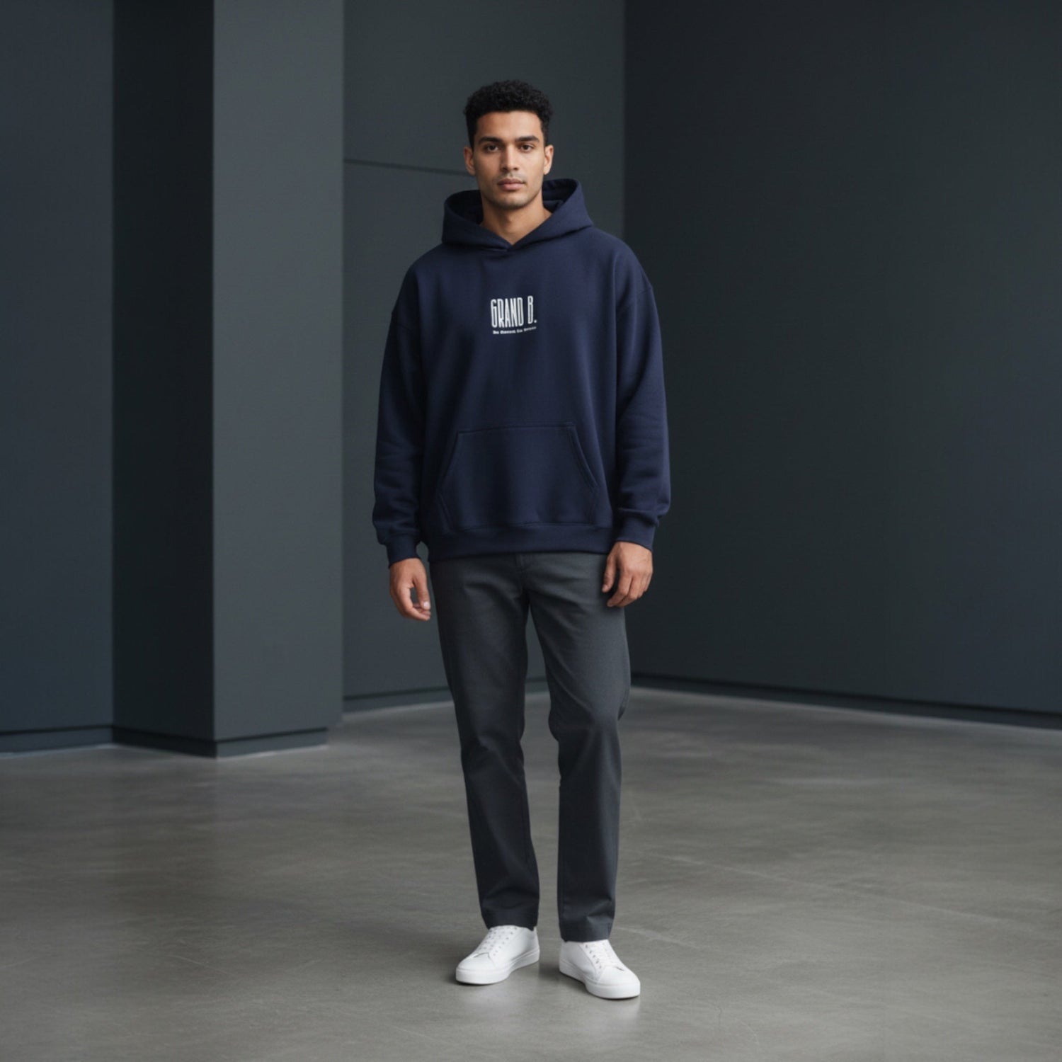 « Be Brave. » Oversize Fleeced Hoodie Navy Blue. - GRAND B