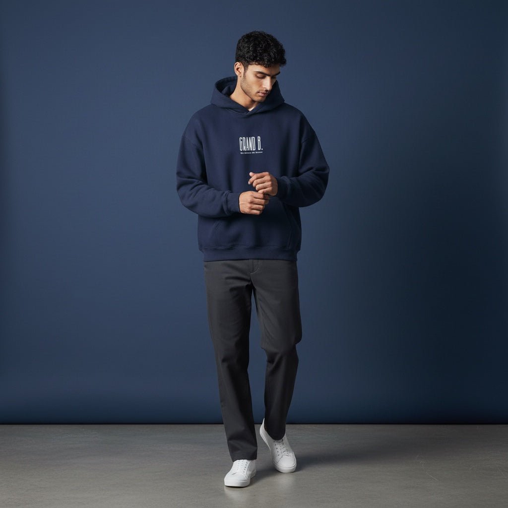 « Be Brave. » Oversize Fleeced Hoodie Navy Blue. - GRAND B