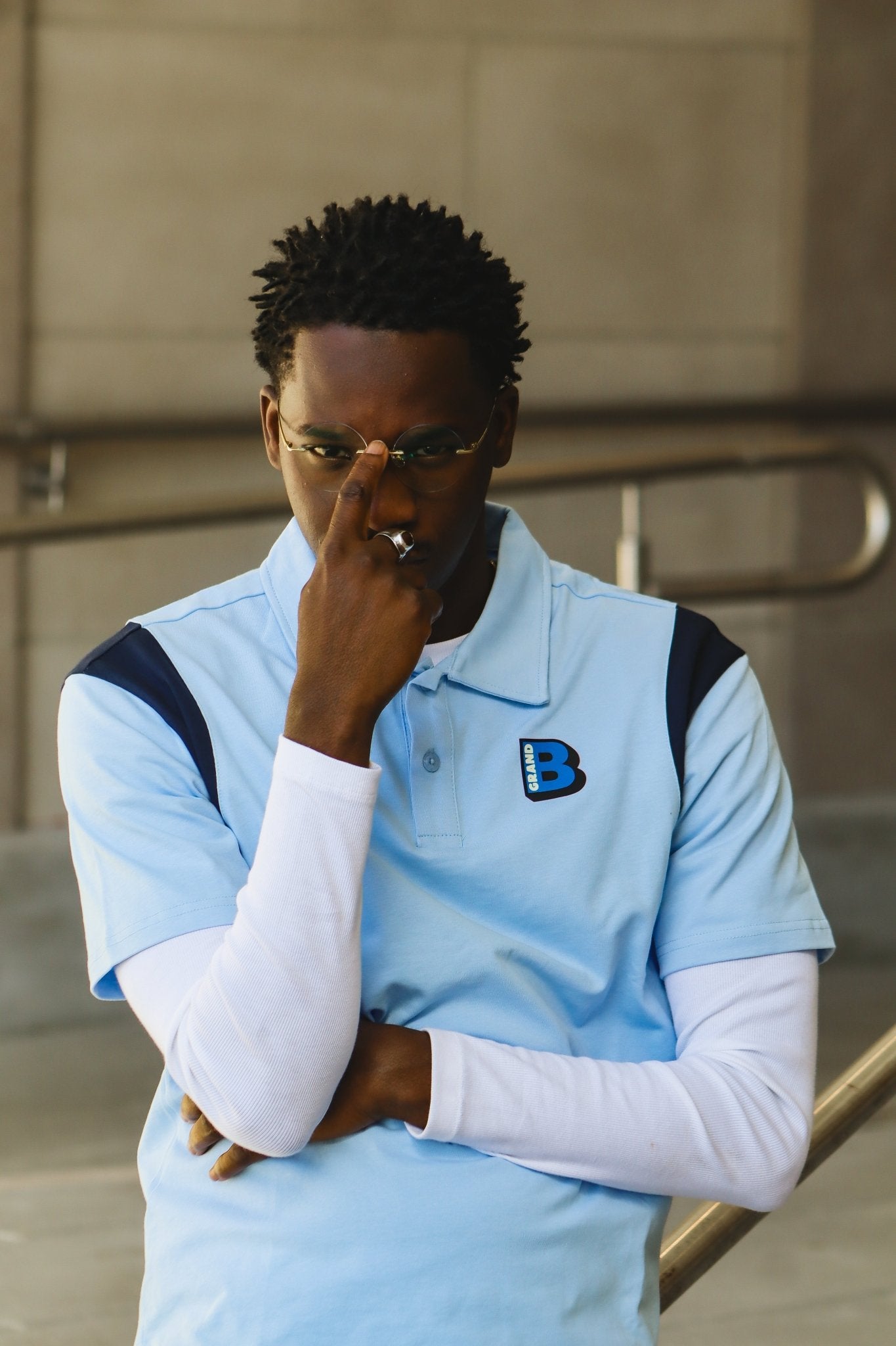 "GRAND B" - Contrast Panel Cotton Polo Shirt - GRAND B